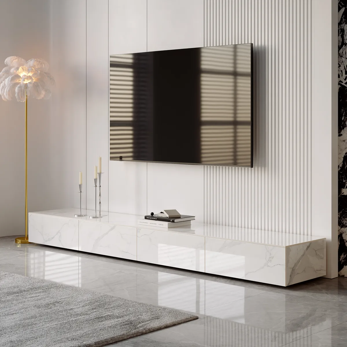 87" Black TV Stand Faux Marble with Storage for TVs Up — image 16