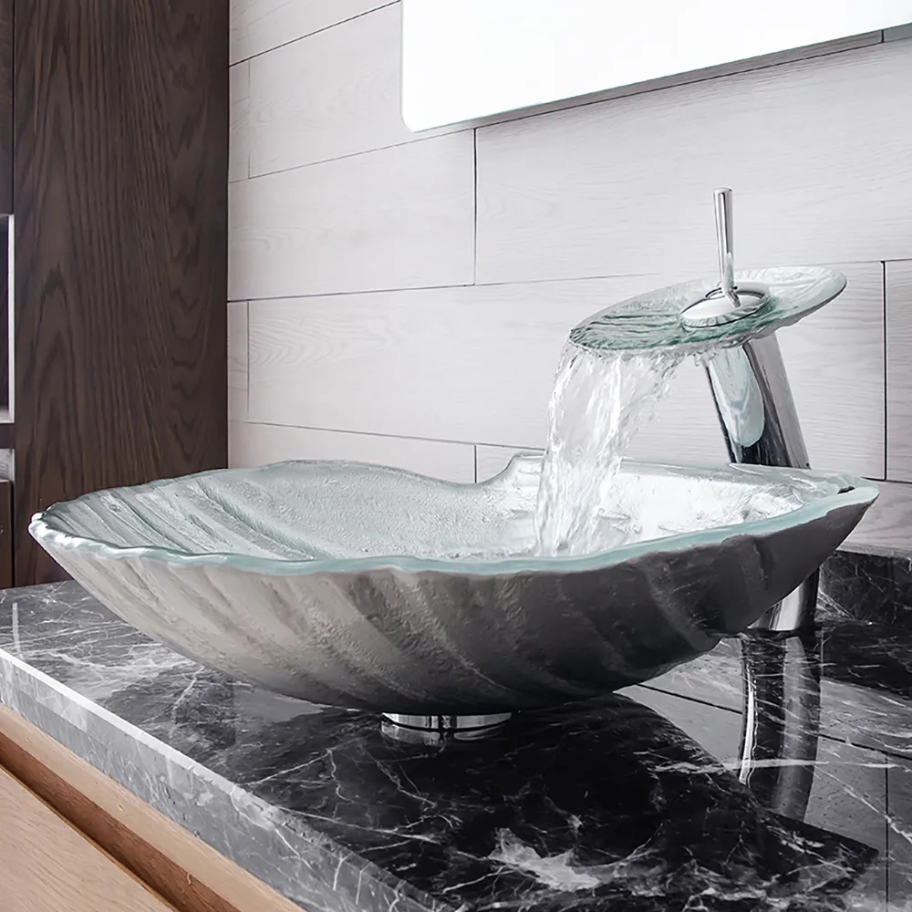 Vessel Transparent Shell Shaped Crystal Glass Bowl Bathroom Wash Sink with Faucet — image 3
