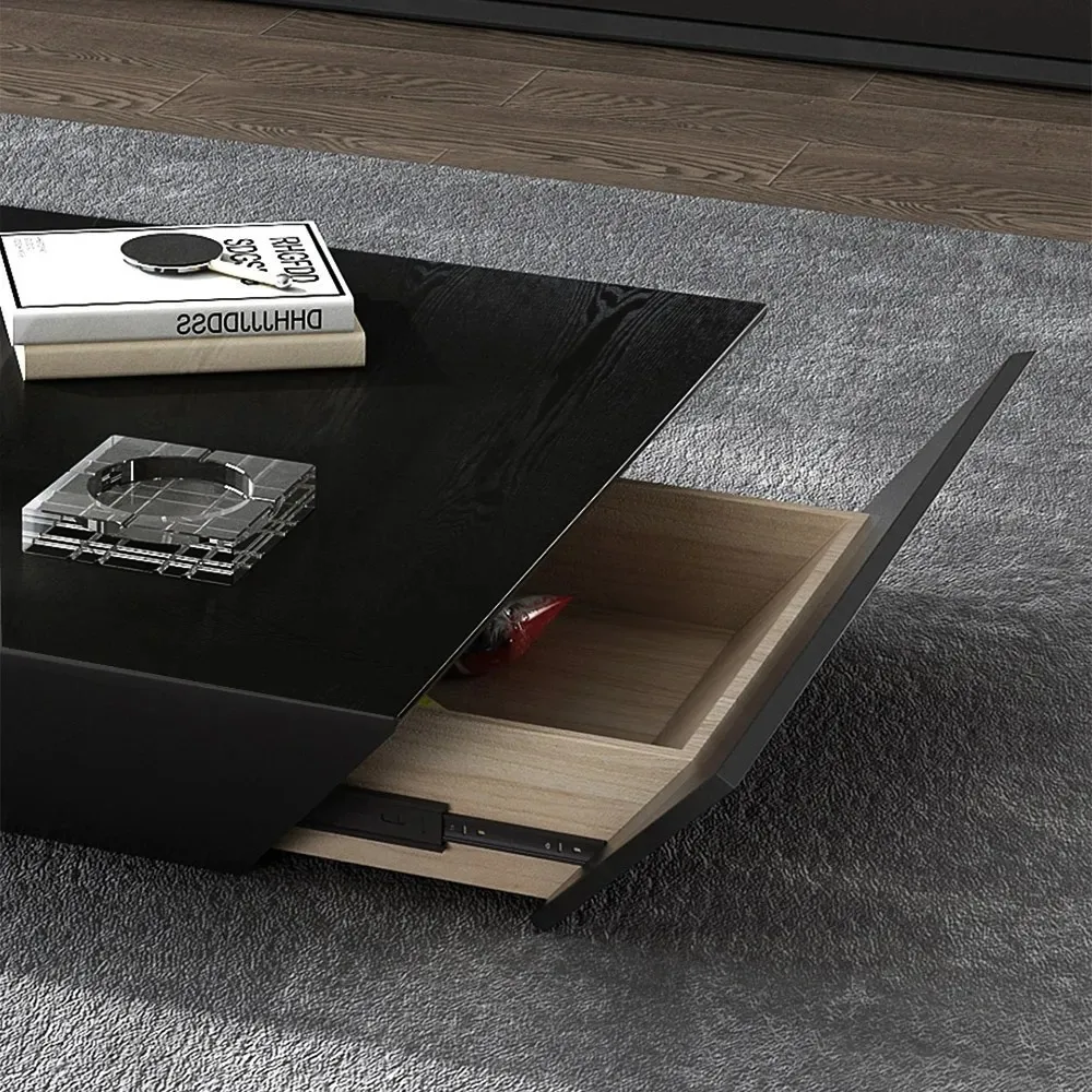 Modern Black Wood Coffee Table with Storage Square Drum with Drawer — image 6