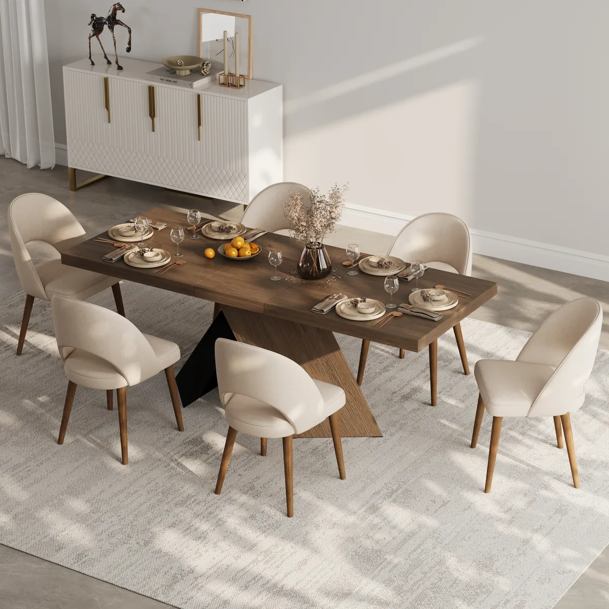 Dining Table Set 64"-79" Rectangle Extendable Dining Table & 4 Archic Japandi Rattan Dining Chairs — image 11