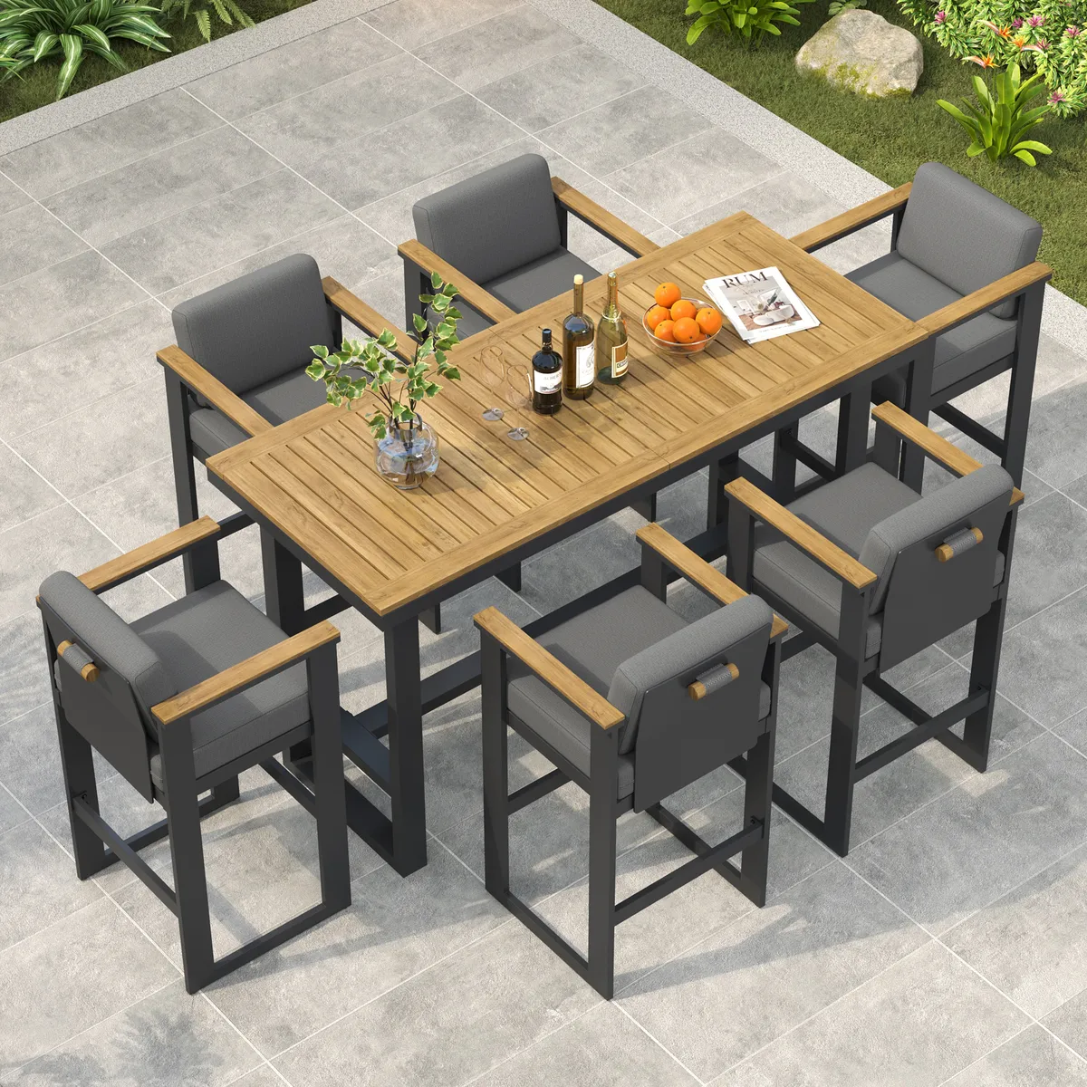 Tevara Outdoor Teak Wood Slat Top & Sand Aluminum Frame Bar Table for Patio — image 22
