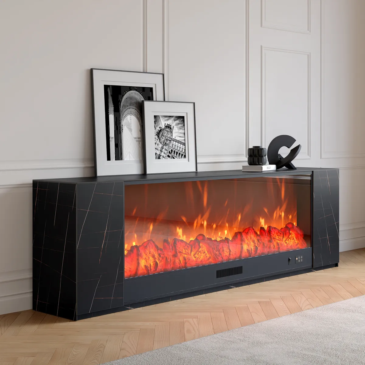 87" Modern White Marble Veneer Sintered Stone Electric Fireplace TV Stand with Remote Control Temperature Adjustable Coffee Table Set — image 17