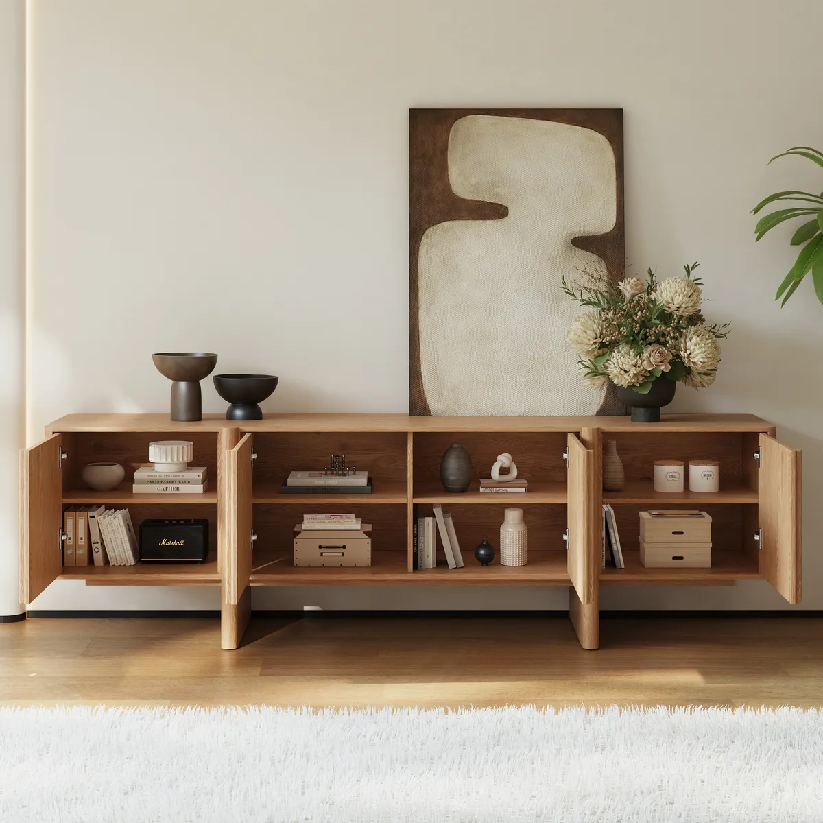 80" Solid Wood Fluted Black TV Stand with Cabinets — image 14