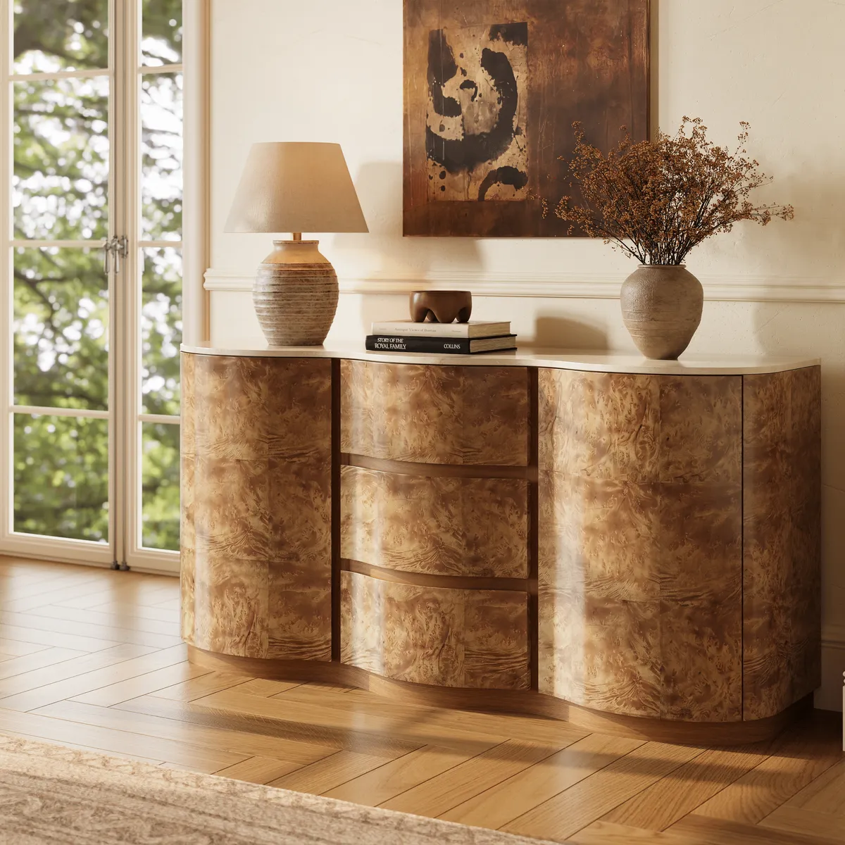 Modern 63" Burl Sideboard with Sintered Stone Top — image 5
