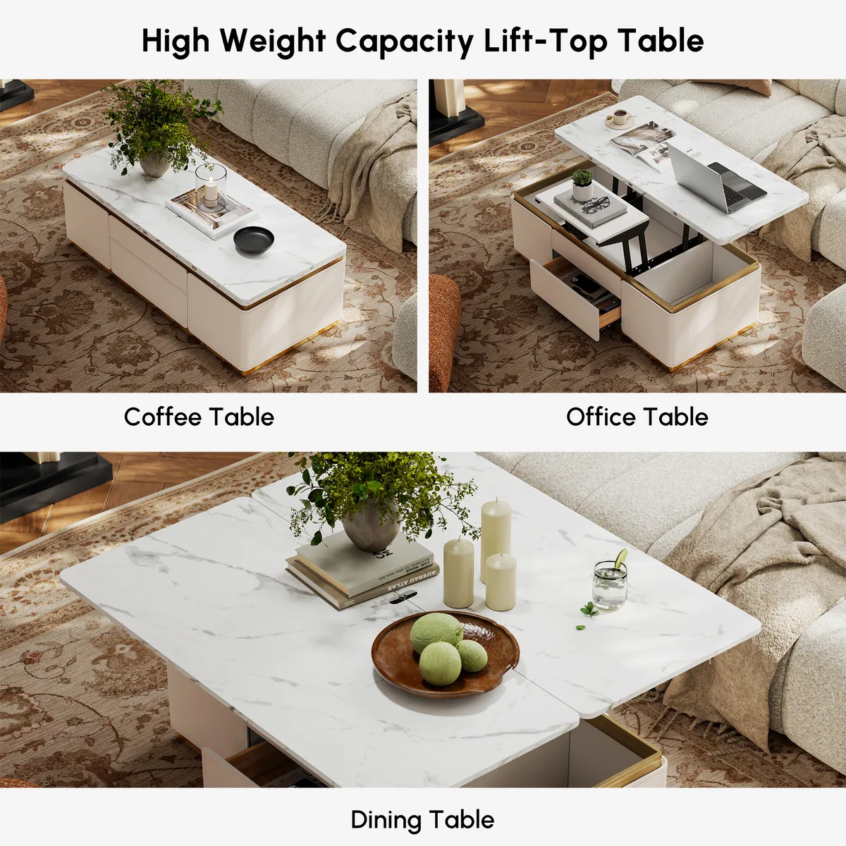 48" Ivory Saddle Leather Lift-Top Coffee Table with 2 Drawers — image 7