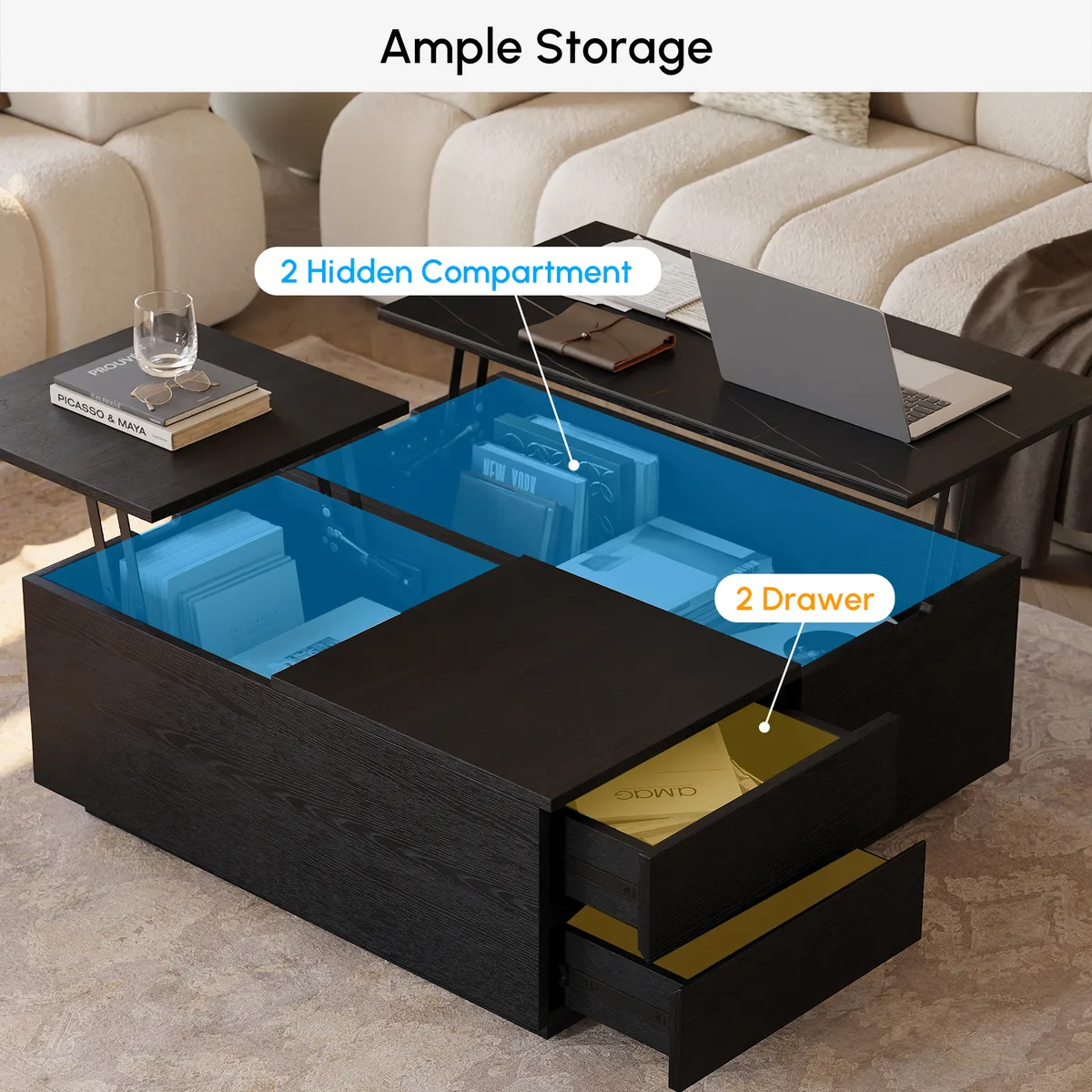 39" Square Lift-Top Wood Travertine Veneer Sintered Stone Top Coffee Table with Storage — image 11