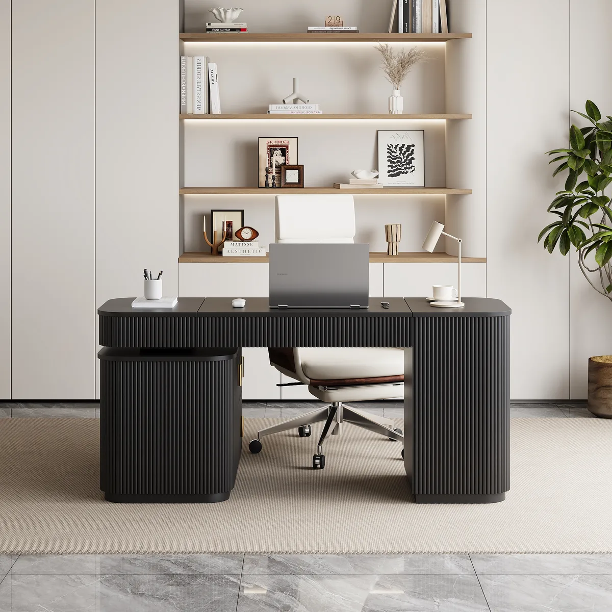 Modern 65" L-Shape Natural Executive Desk with Right-Side Cabinet — image 4