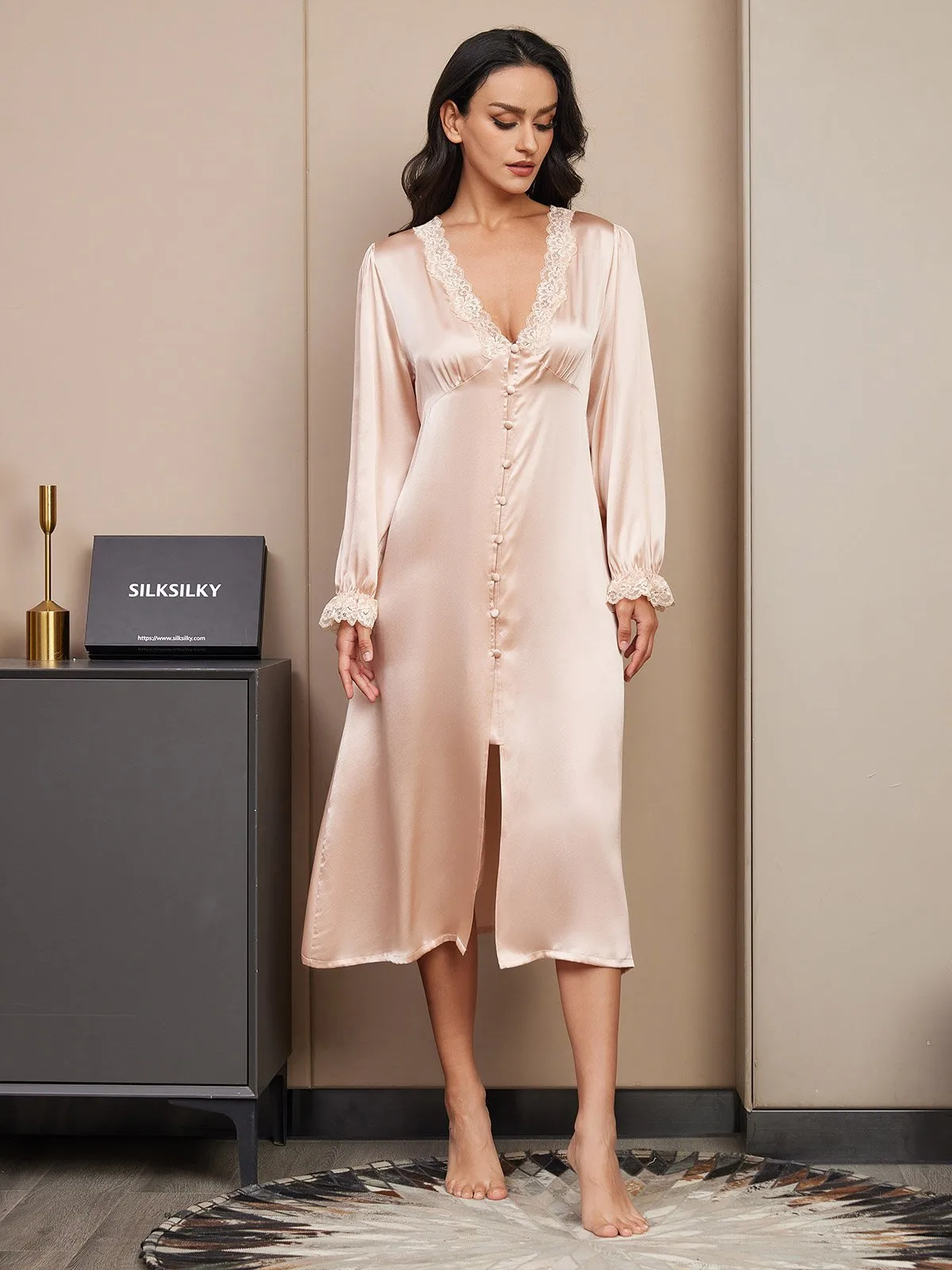 100% Mulberry Silk Long Sleeve V-neck Midi Nightgown with Lace Design — image 3