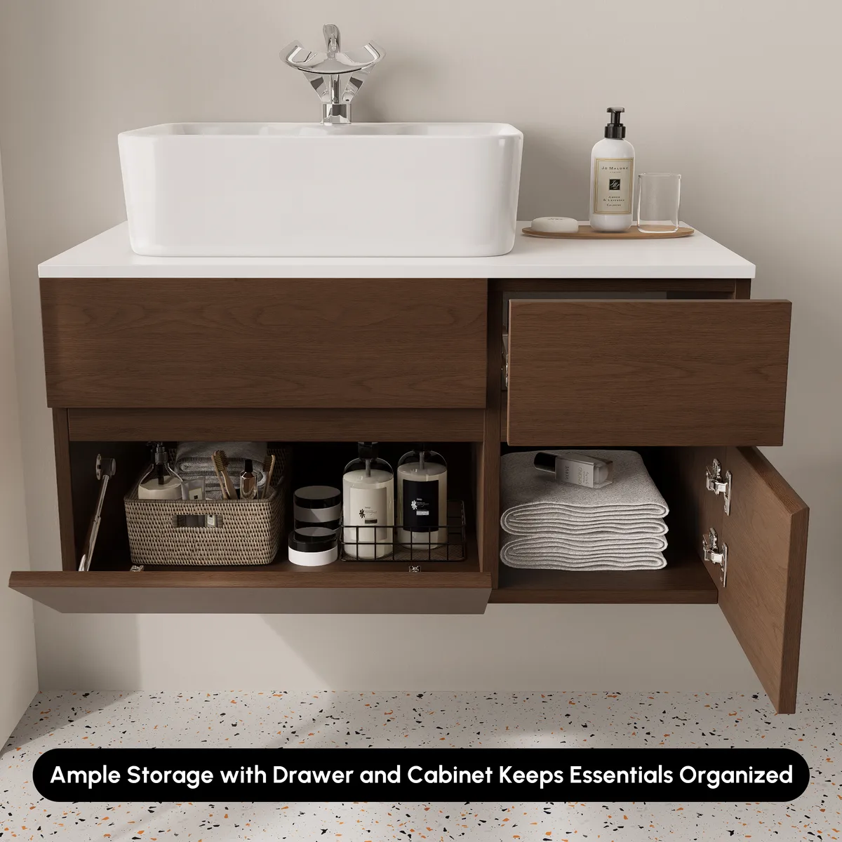31.5" Walnut Floating Bathroom Vanity Left Offset Ceramic Vessel Sink — image 28