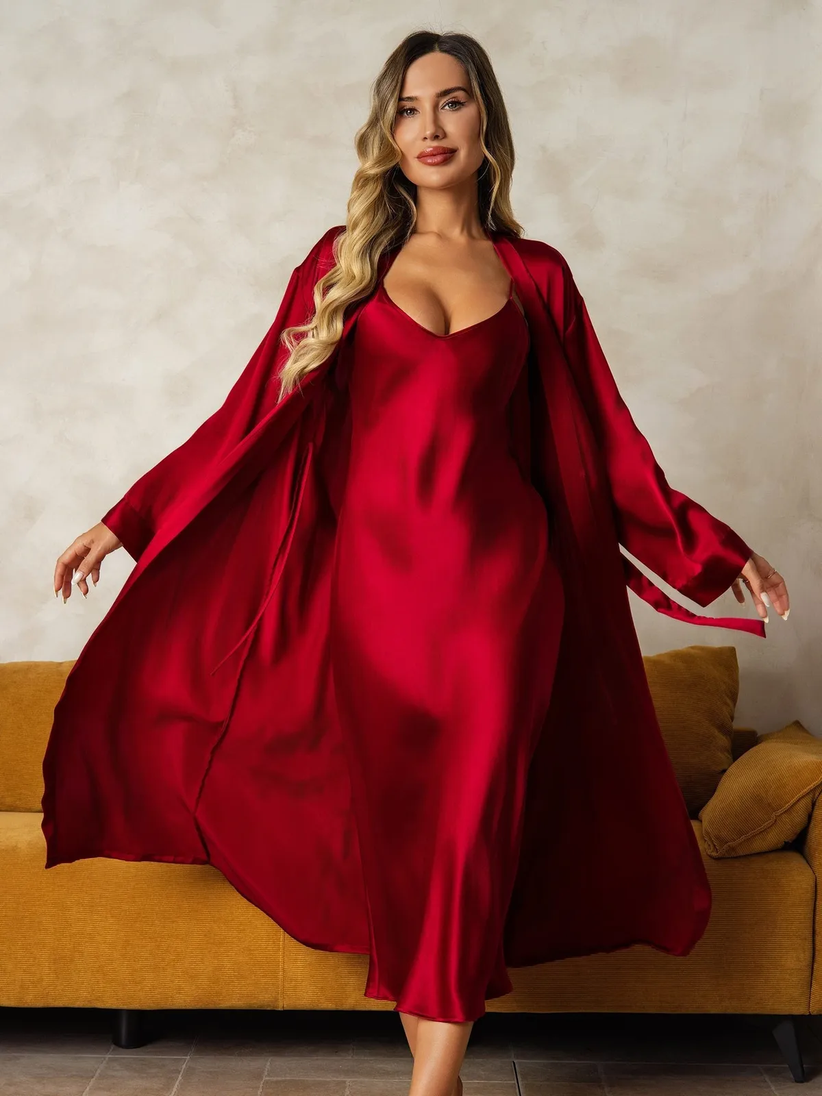 100% Mulberry Silk V-Neck Midi Nightgown & Robe Set — image 4