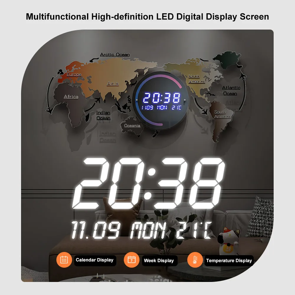 Modern Large Multifunctional World Map Wall Clock Decor With LED Digital Display Screen — image 6