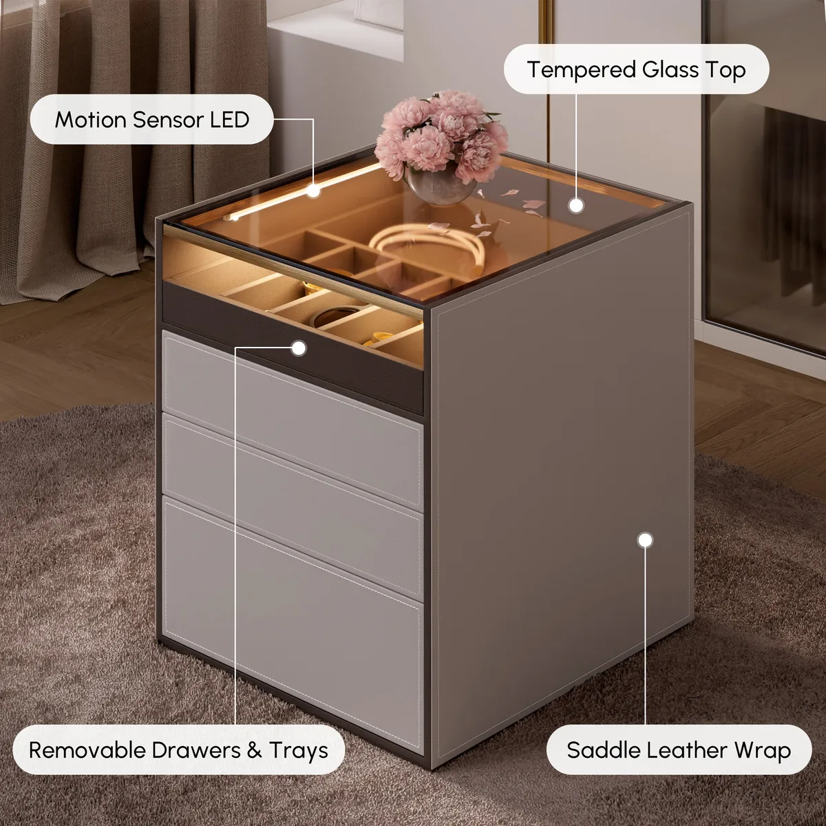 Saddle Leather 7-Dresser Walk-In Closet Island with Light & Jewelry Display — image 4