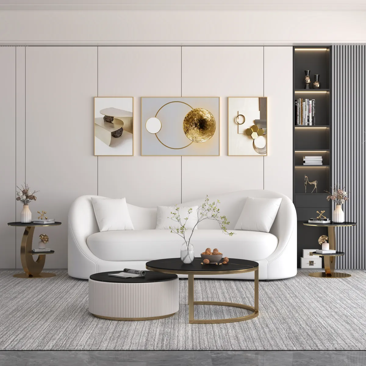 Round Faux Marble 2 Tier End Table Modern White & Gold Side Table — image 5