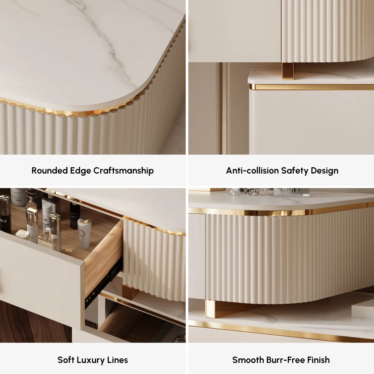 Nordic Makeup Vanity Extendable with 5-Drawer Dressing Table with Stone Top in Champagne — image 7
