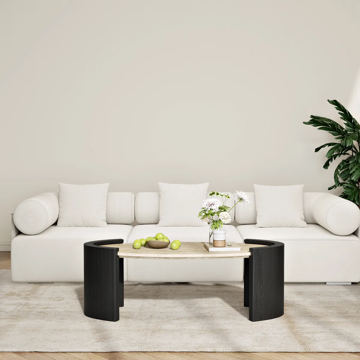 43" Japandi Oval Travertine Stone Top Coffee Table — image 13