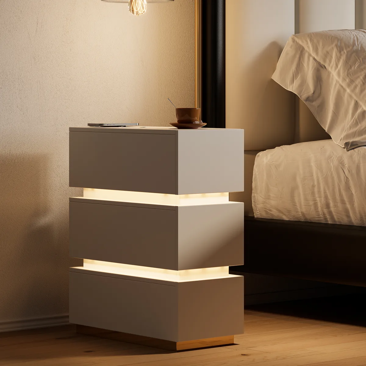 Narrow Smart 3-Drawer Nightstand with Charging Station Bedside Table with Light — image 11