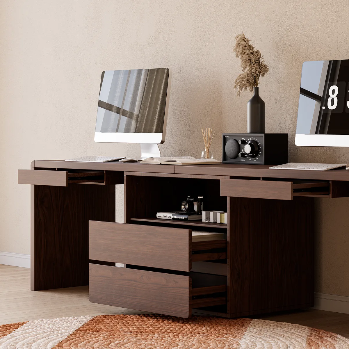 Modern 94" Rectangular Brown Double Desk with Drawers, Seats 2 — image 9