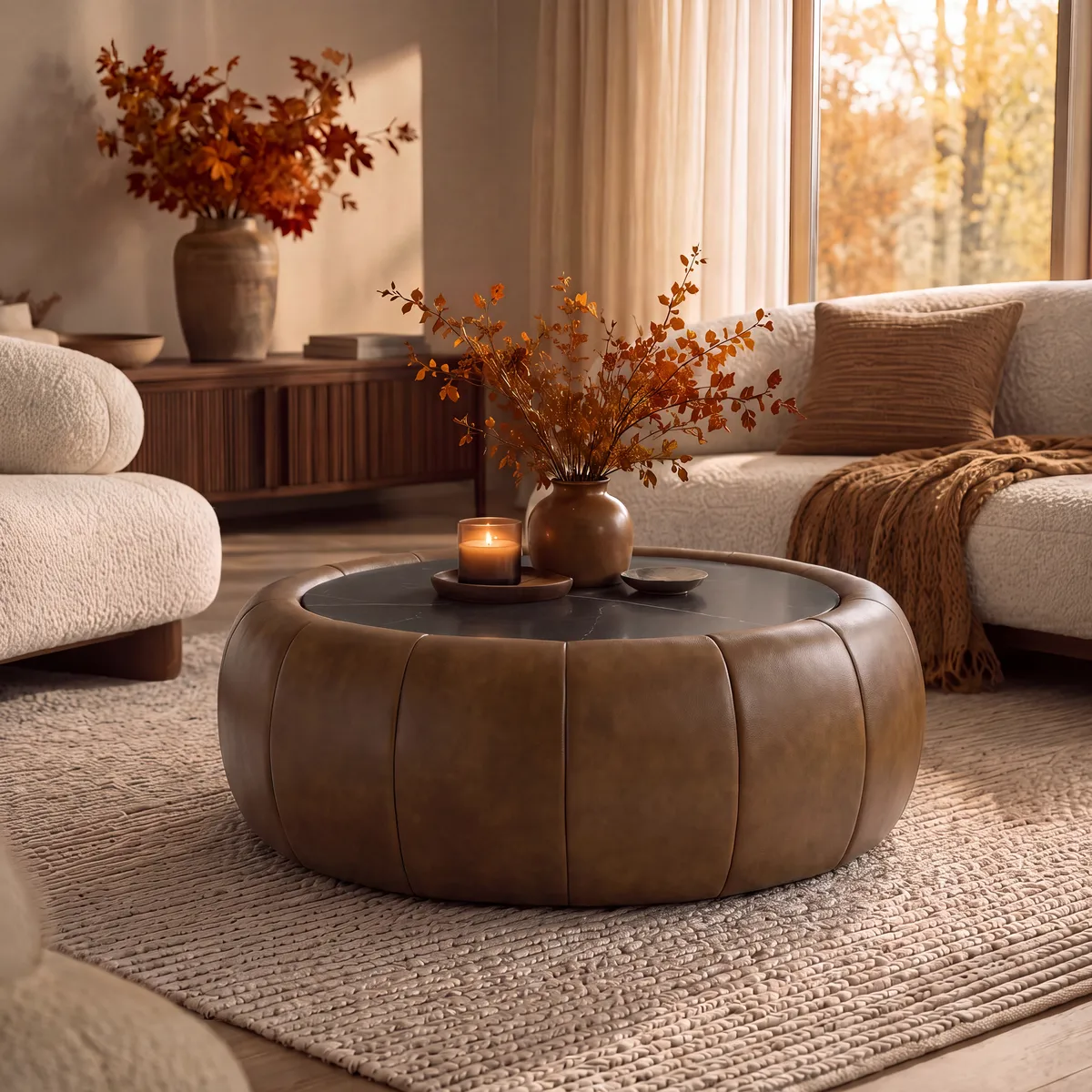 Modern 39" Round Performance Leather Ottoman Coffee Table with Hidden Storage — image 21