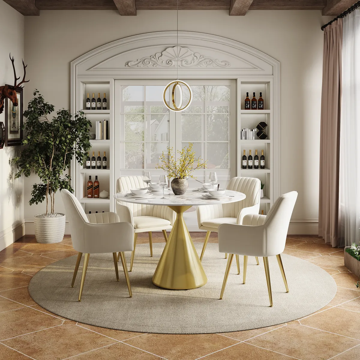 39" Pandora Faux Marble Round Dining Table with Glossy Gold Base for 4 People — image 3