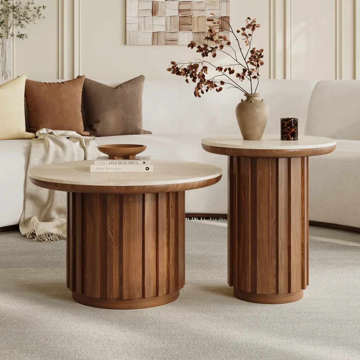 Aura Ash Wood Slatted Round Coffee Table with Sintered Stone Top — image 4