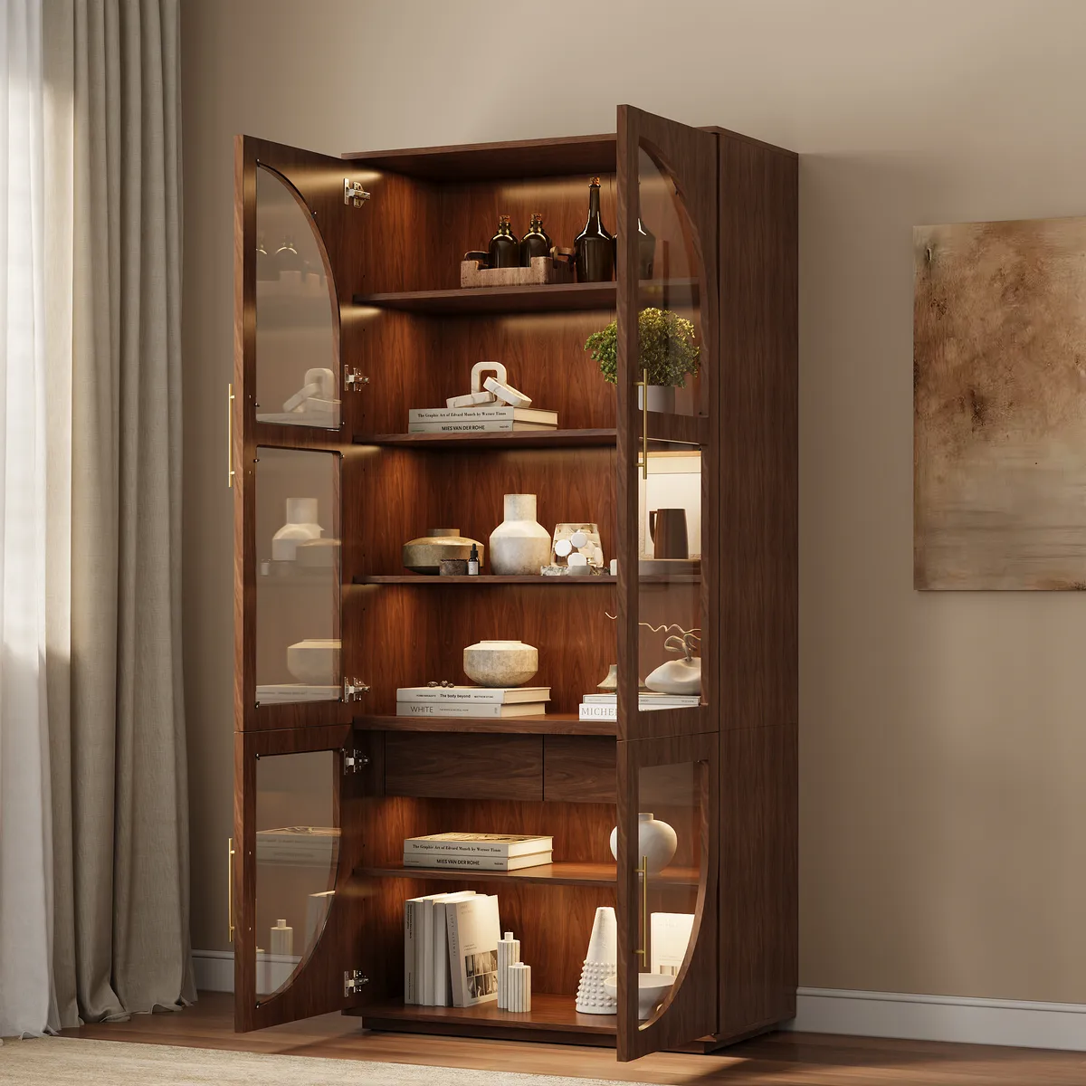 Arune Glass Tall Display Cabinet with Drawers & LED Light — image 15