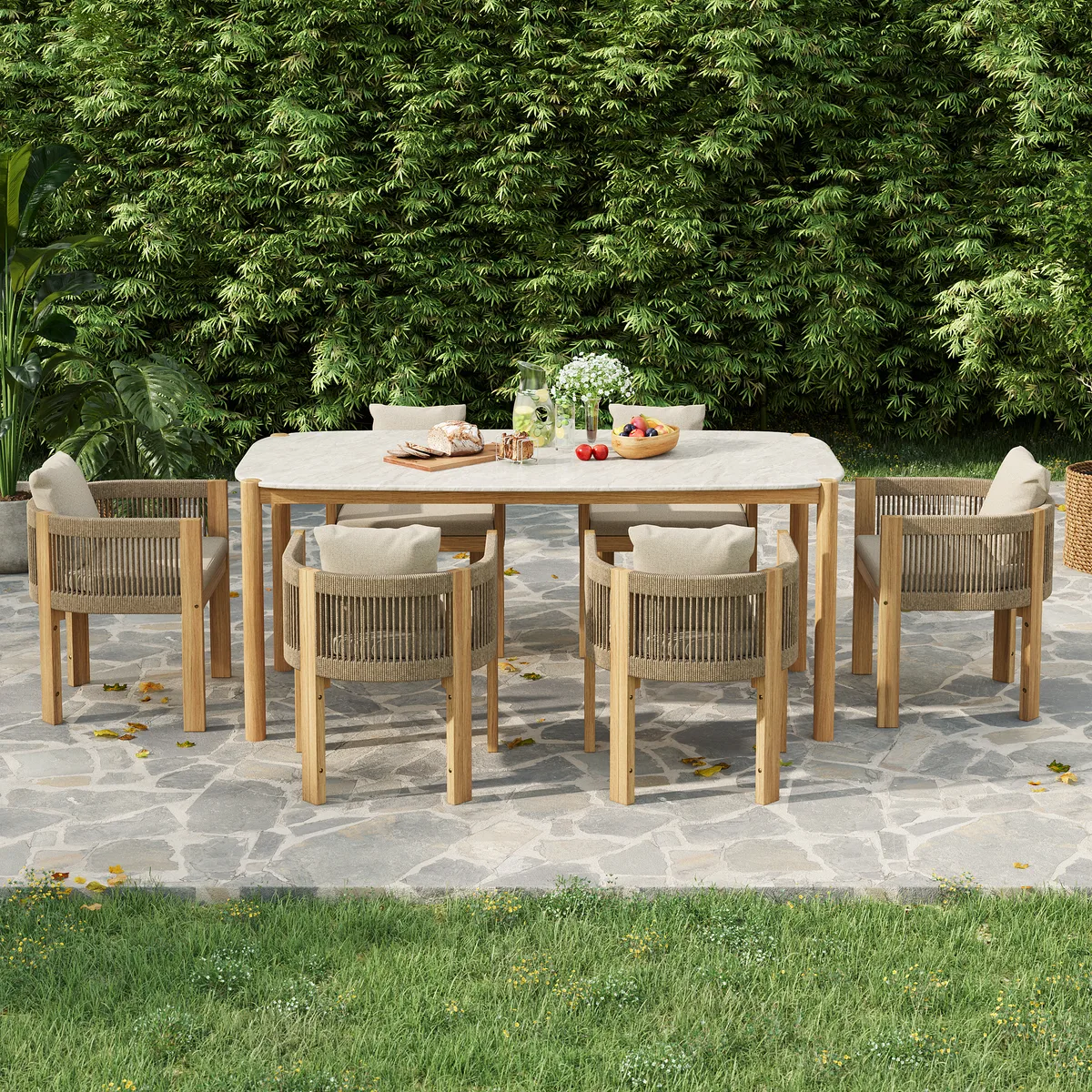 Boheva 7-Piece Outdoor Concrete & Teak Rope Weave Dining Set with 6 Chairs — image 2