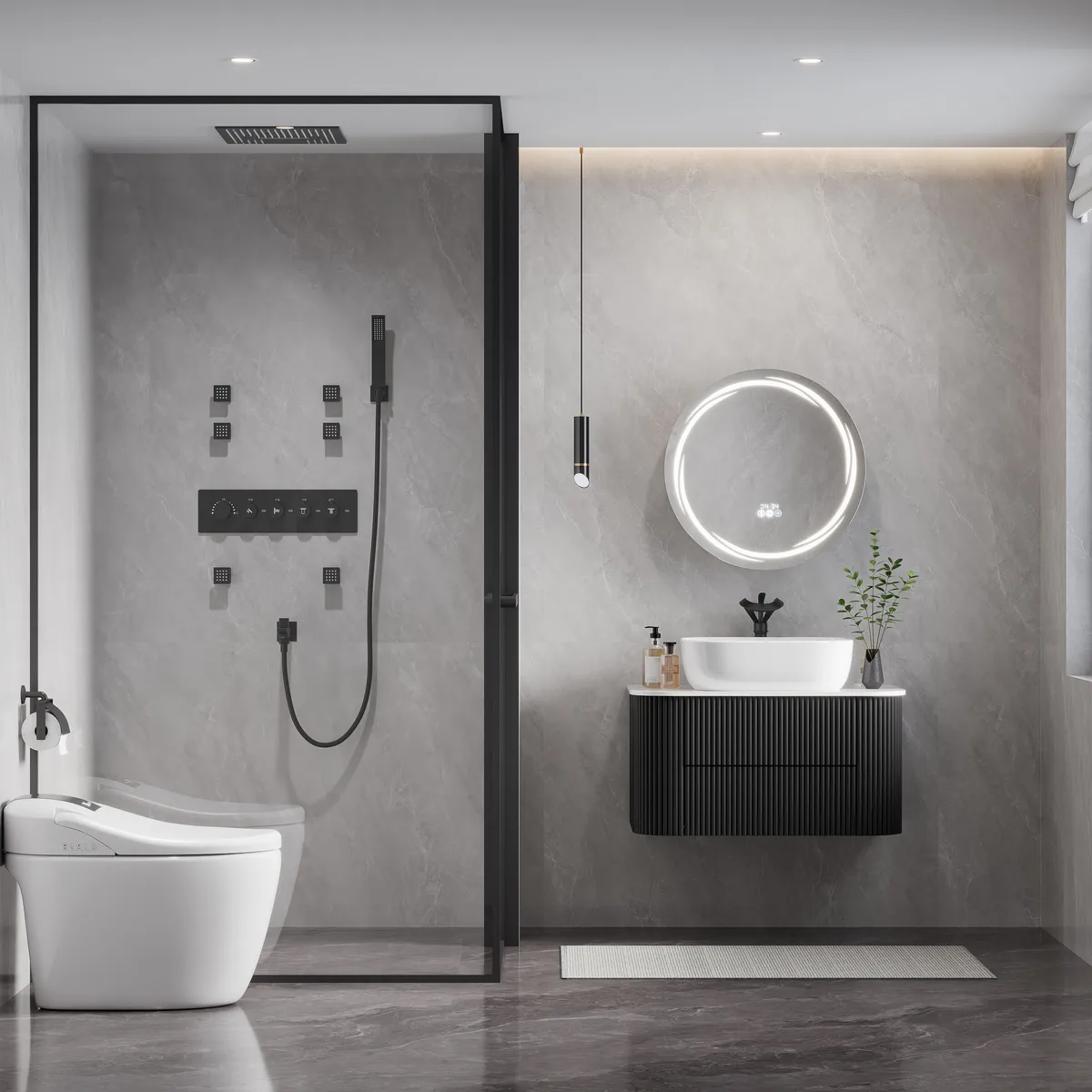 24" Round LED Walnut Medicine Cabinet with Storage, Anti-Fog, Dimmable — image 4