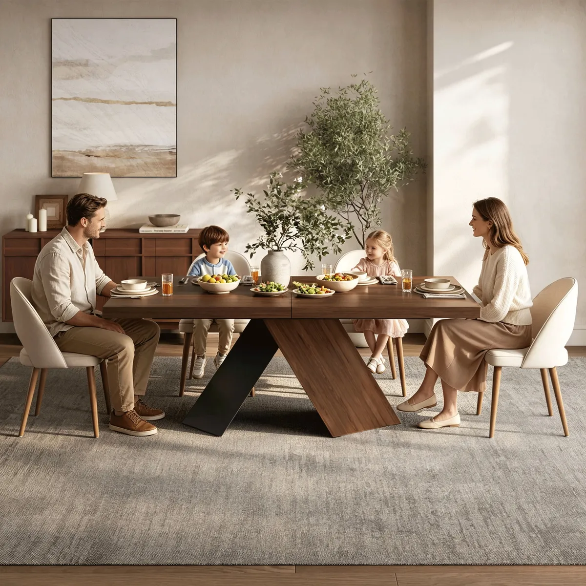 63"-79" Extendable Walnut Dining Table Modern Farmhouse Rectangle 4-6 Seater Pedestal — image 27