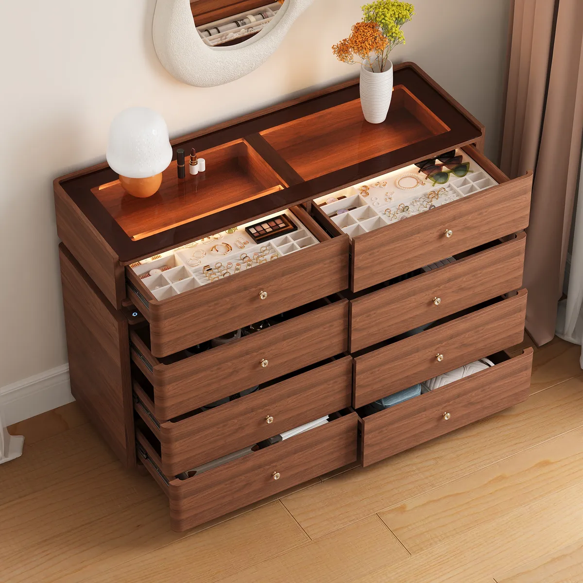 47" Glass Top Walk-in Closet Island 8-Drawer Dresser with Light — image 13