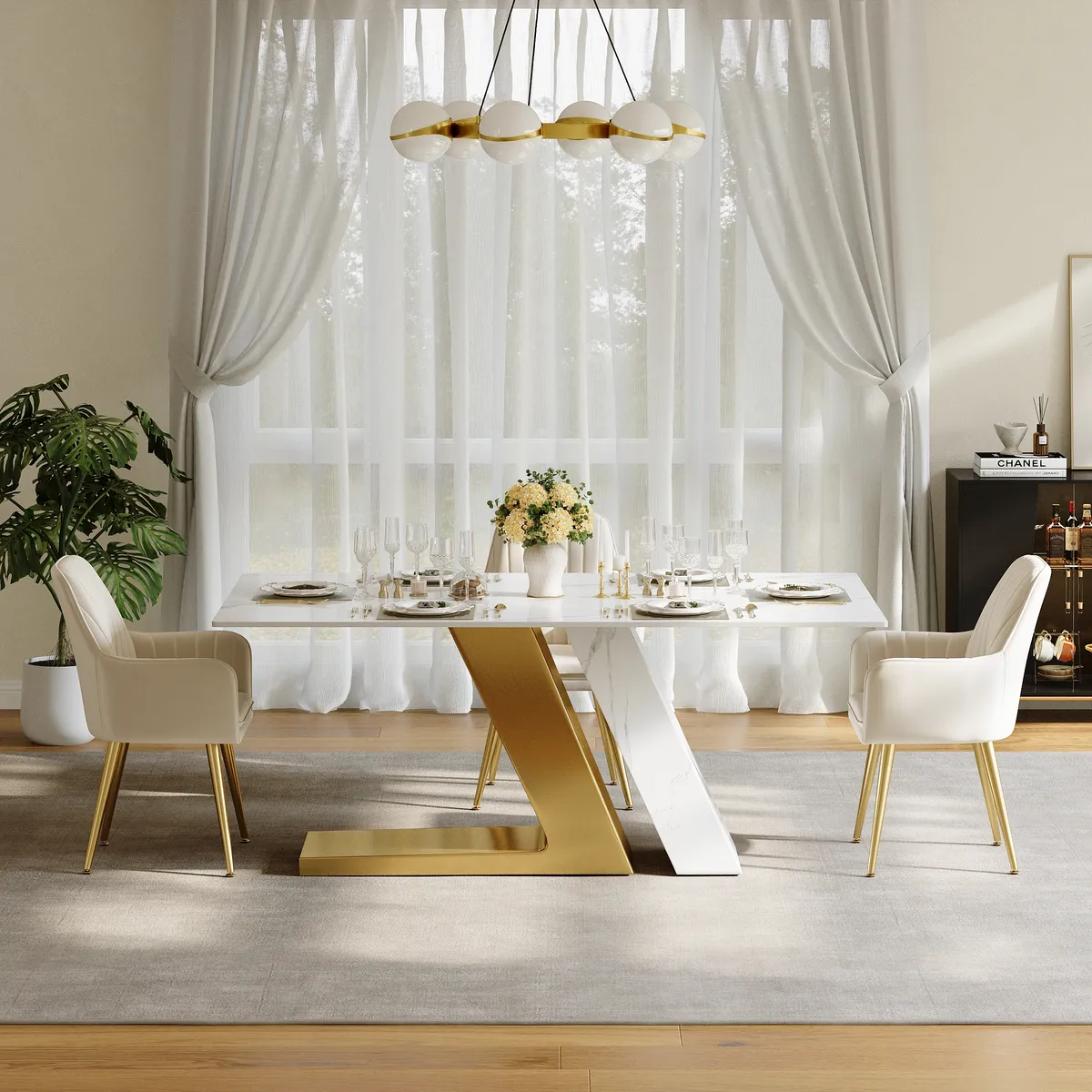 Modern 63" Rectangle Faux Marble Dining Table with 4 Chairs — image 4