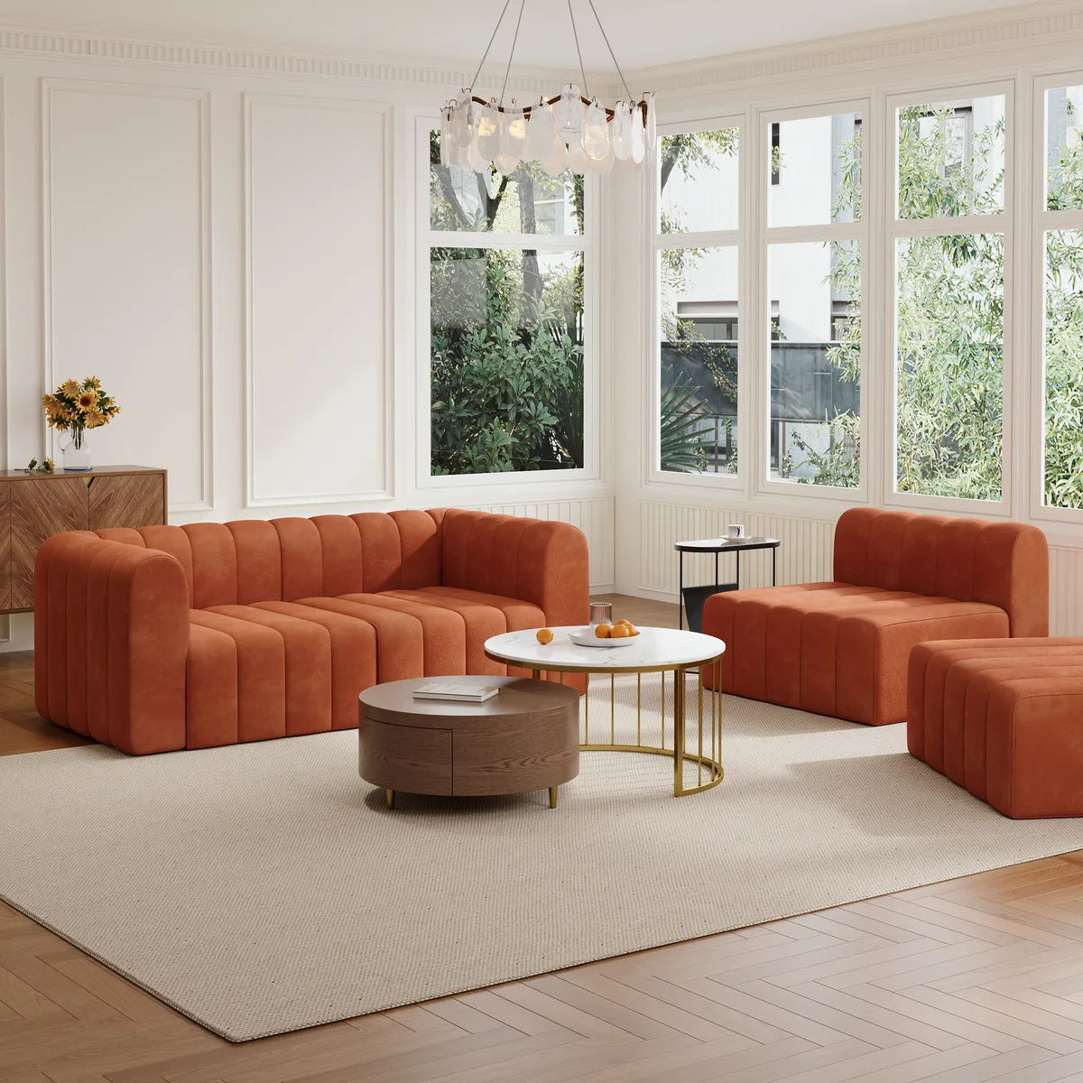 118.9" Velvet Convertible Modular Sectional Sofa Orange Upholstered 6-Seater Sofa Set — image 4