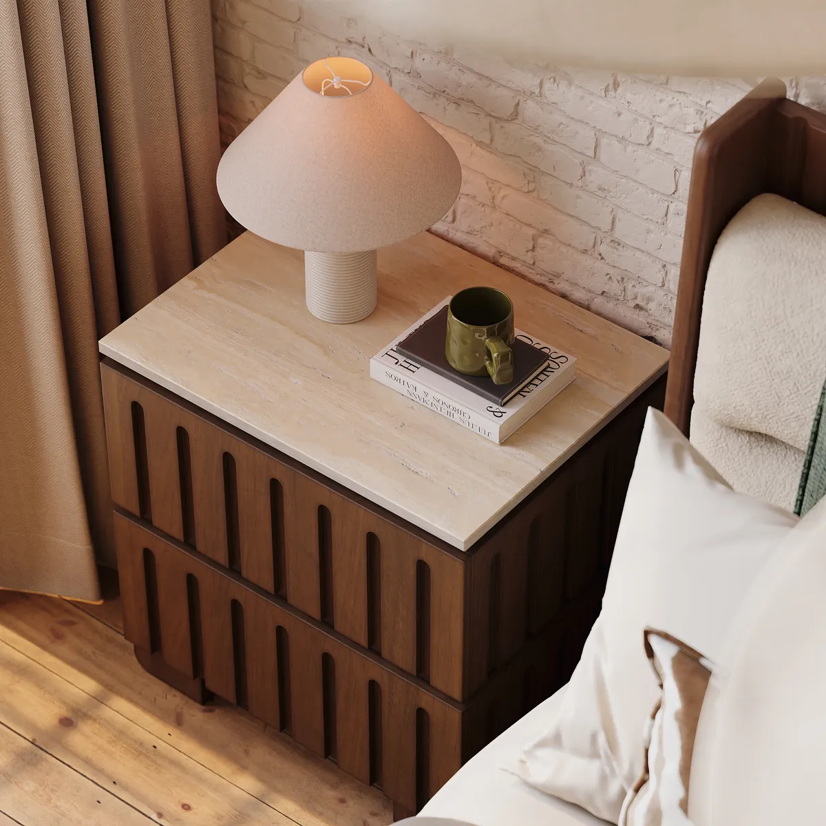 Modern Solid Wood King Upholstered Bed & 2 Drawer Ash Wood Nightstand Set with with Faux Travertine Top — image 6