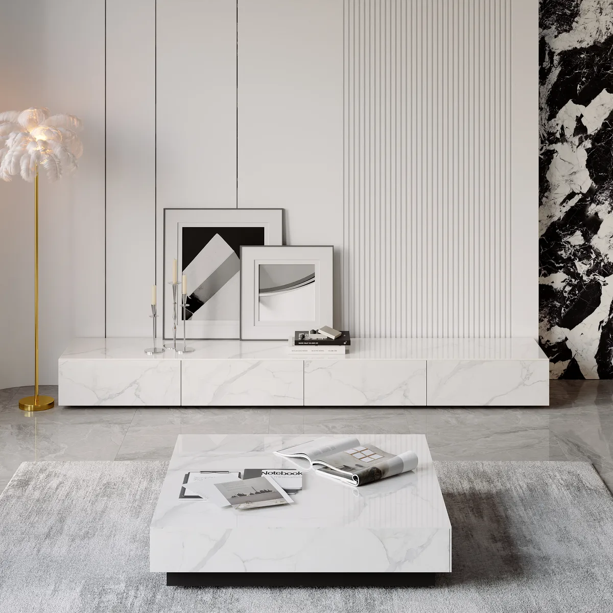 87" Black TV Stand Faux Marble with Storage for TVs Up — image 15