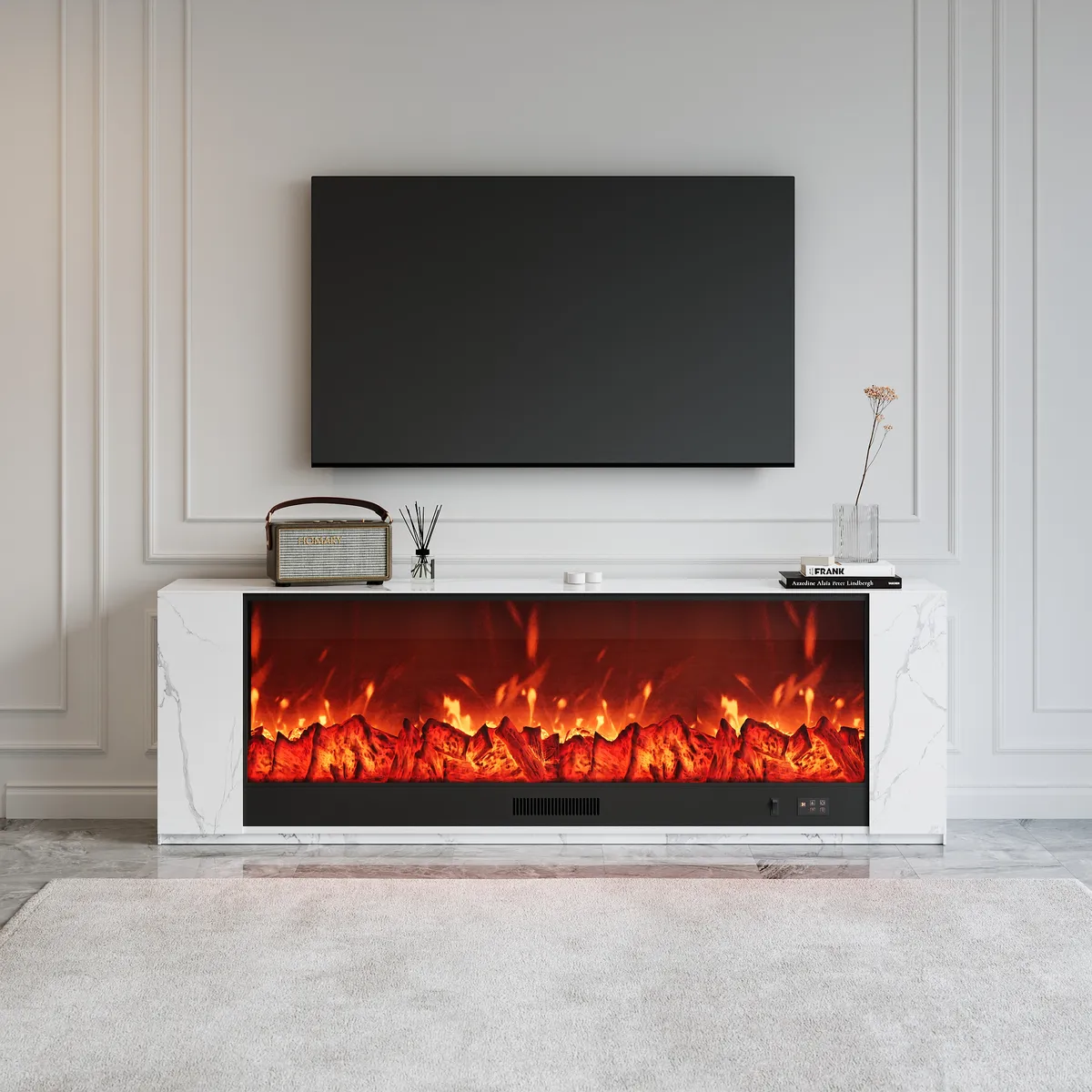 87" Modern White Marble Veneer Sintered Stone Electric Fireplace TV Stand with Remote Control Temperature Adjustable Coffee Table Set — image 5