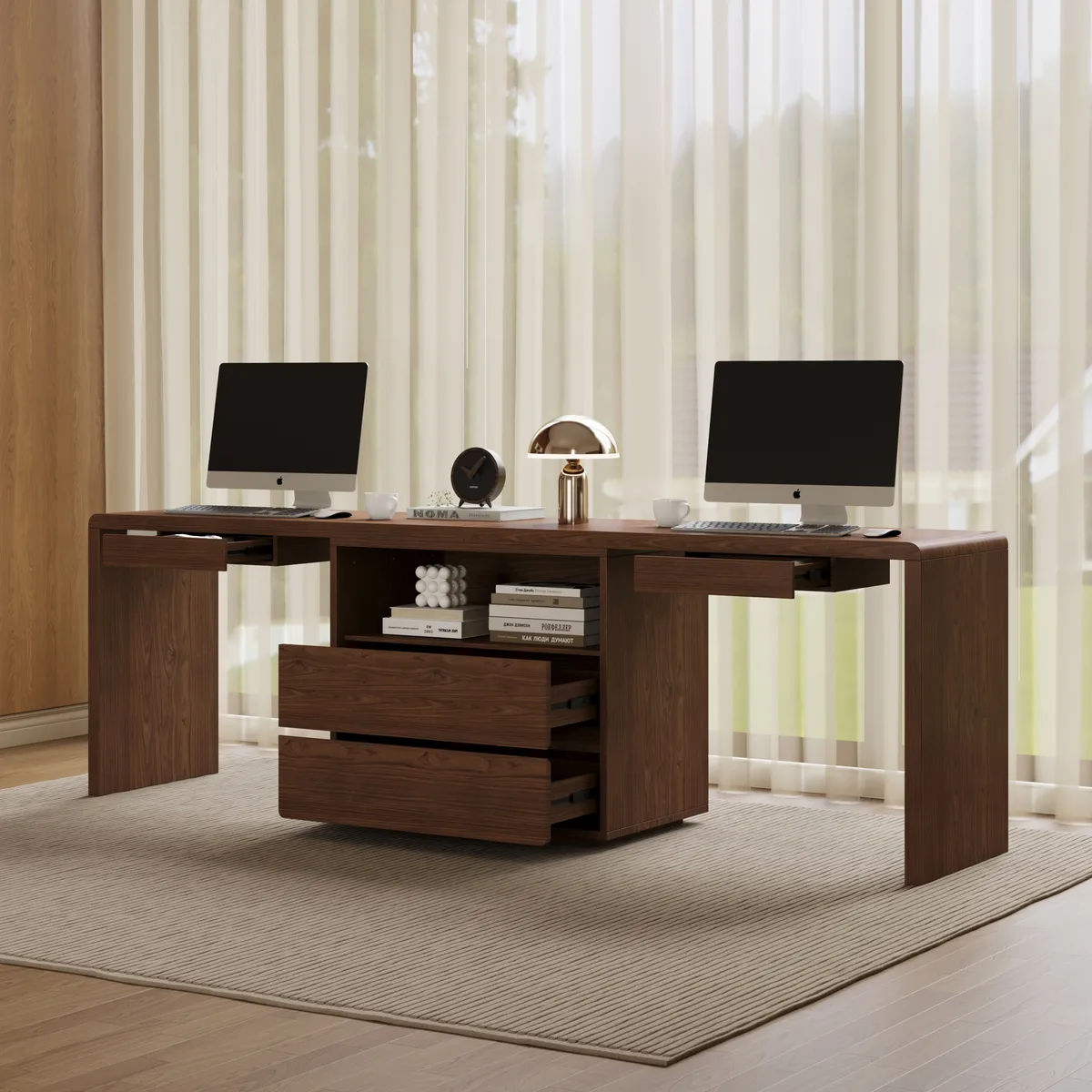 Modern 94" Rectangular Brown Double Desk with Drawers, Seats 2 — image 3