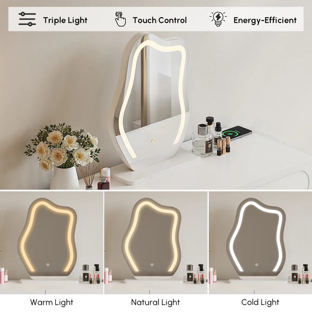 Krila White Makeup Vanity with LED Mirror & Charging Station (40"–55") — image 5