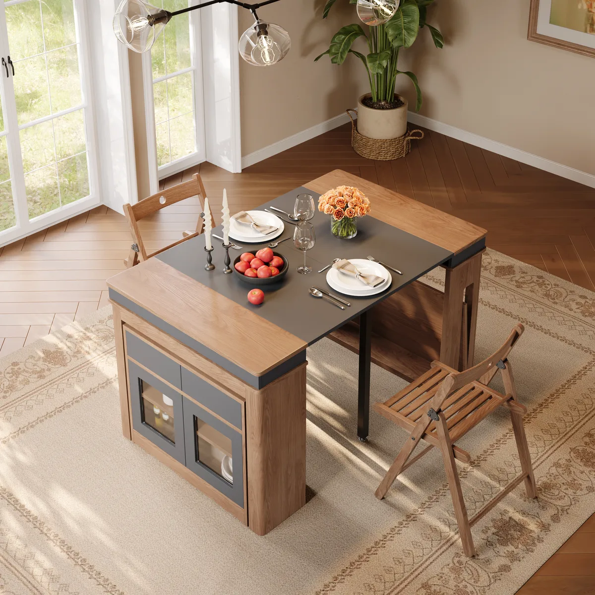 70.9" Rectangle Extendable Dining Table with Storage Sideboard for 4 Farmhouse Walnut & Gray Expandable Table — image 4