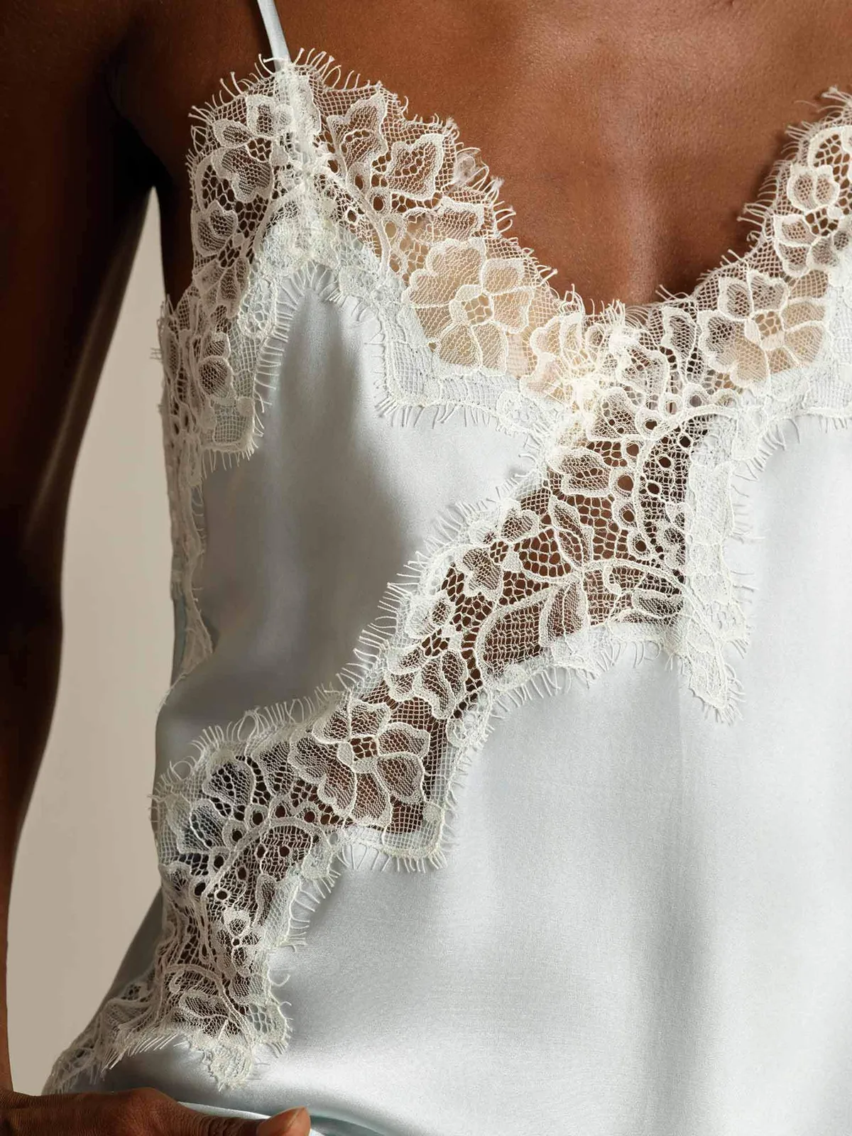 100% Mulberry Silk Spaghetti Straps Lace Camisole Top with Asymmetrical Hem — image 4