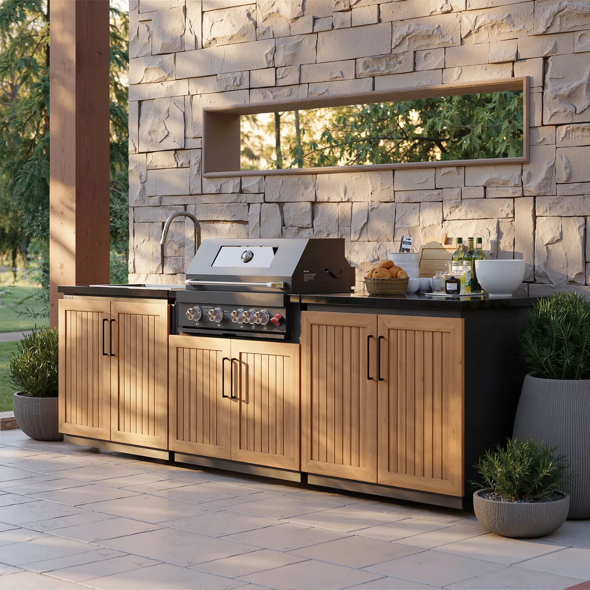 Tevara Modular Outdoor Barbecue Kitchen Cabinet with Propane Gas Grill Stainless Steel Movable BBQ Grilling Island in Black (118" W) — image 4