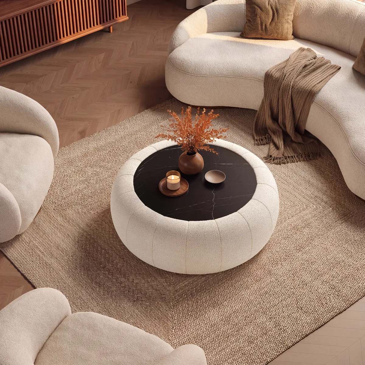 Modern 39" Round Performance Leather Ottoman Coffee Table with Hidden Storage — image 13