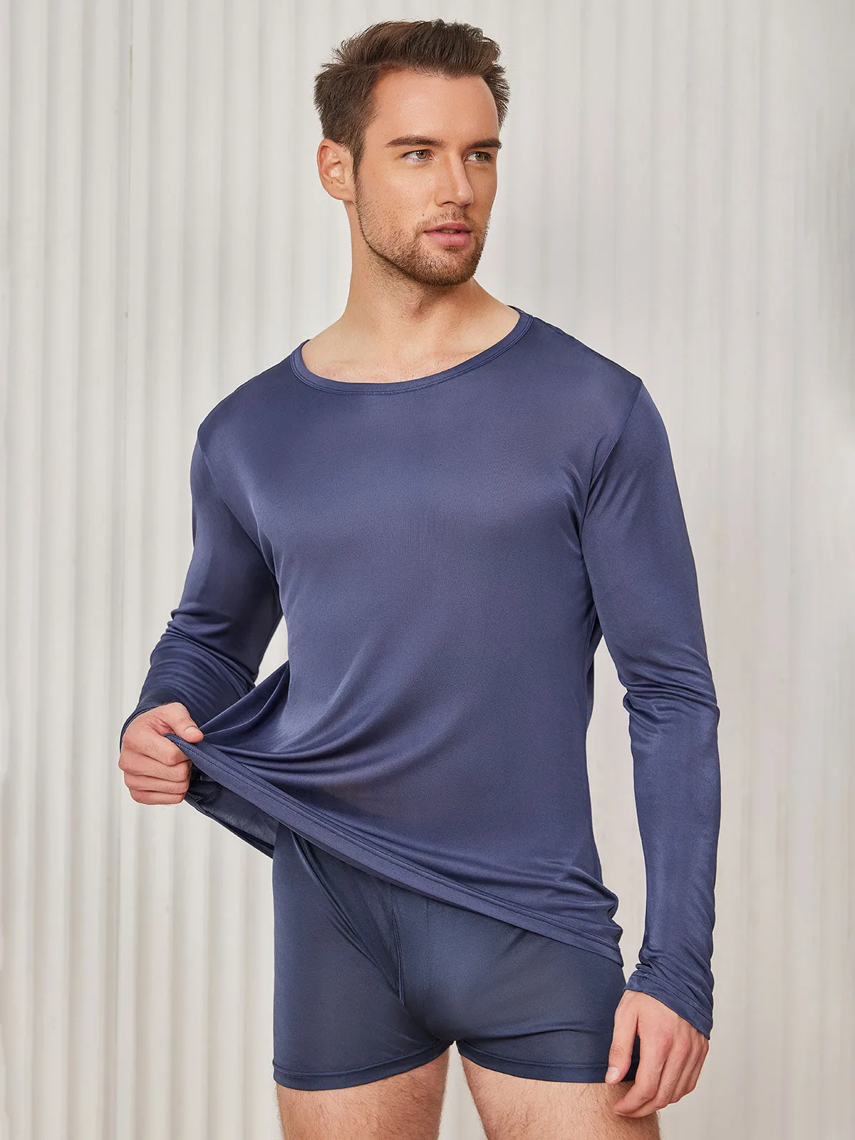 100% Mulberry Silk Mens Long Sleeve Crewneck Tee