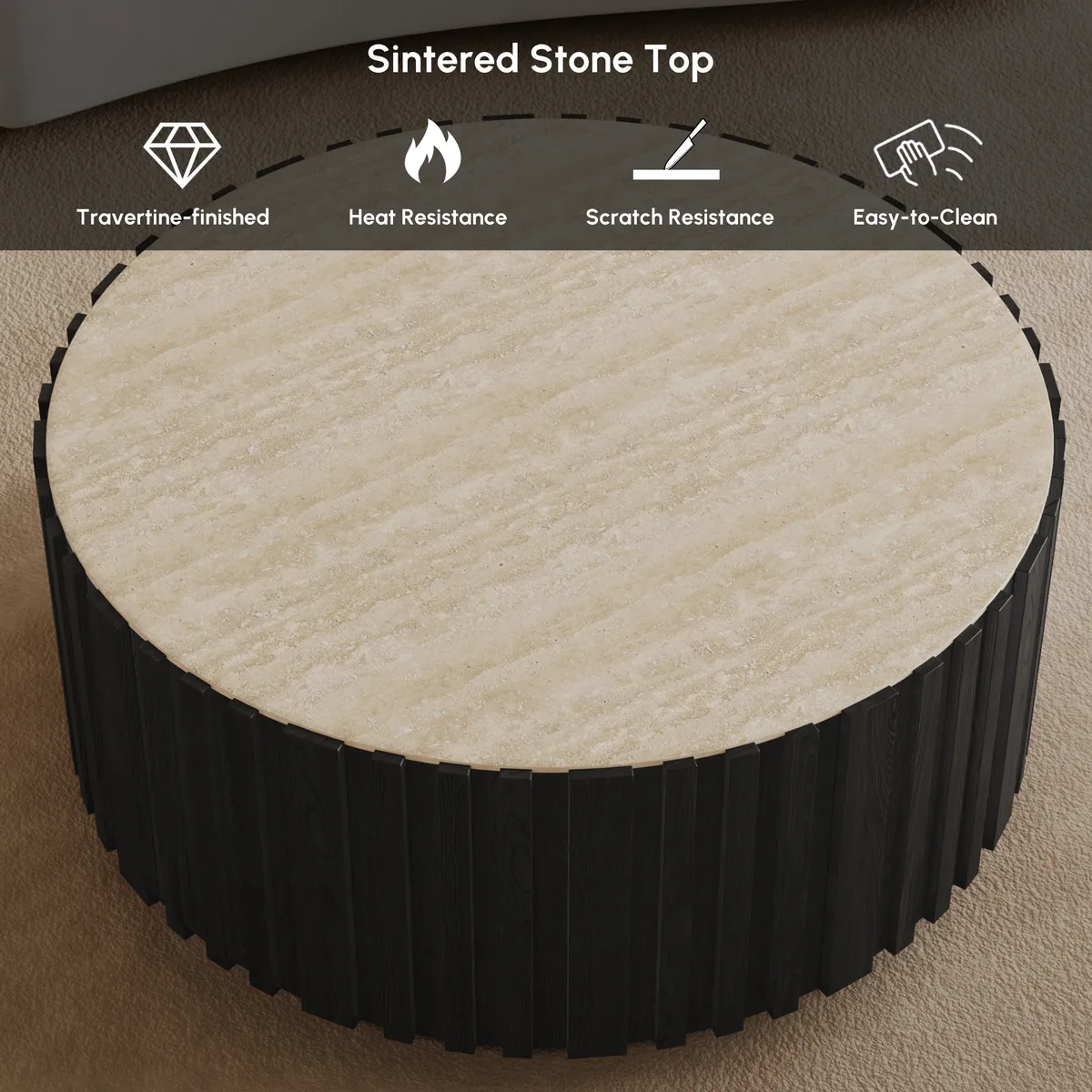 Aura 35" Ash Wood Slatted Round Coffee Table with Sintered Stone Top — image 10