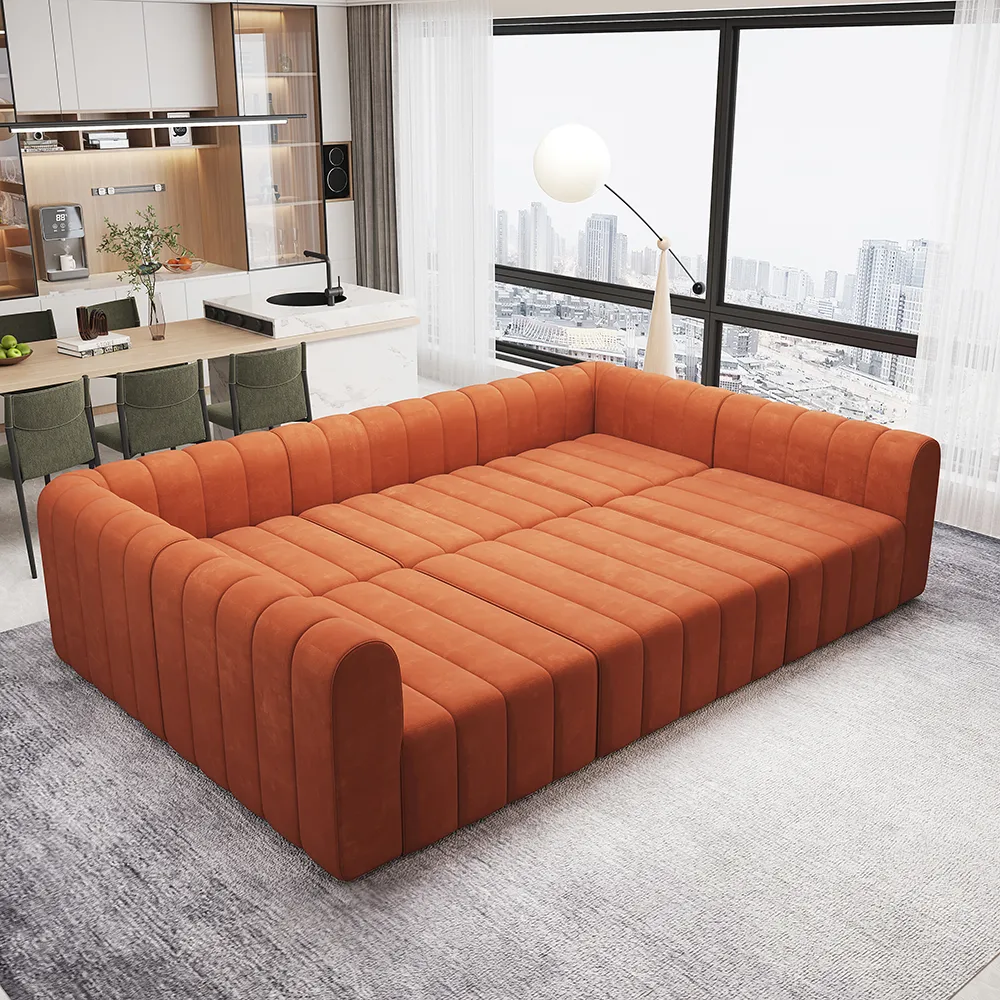 118.9" Velvet Convertible Modular Sectional Sofa Orange Upholstered 6-Seater Sofa Set — image 12