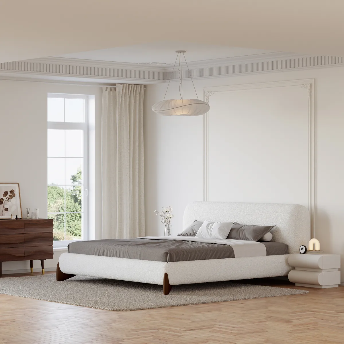 Modern White Boucle Platform Bed Queen Size Bed Frame with Upholstered Headboard — image 15