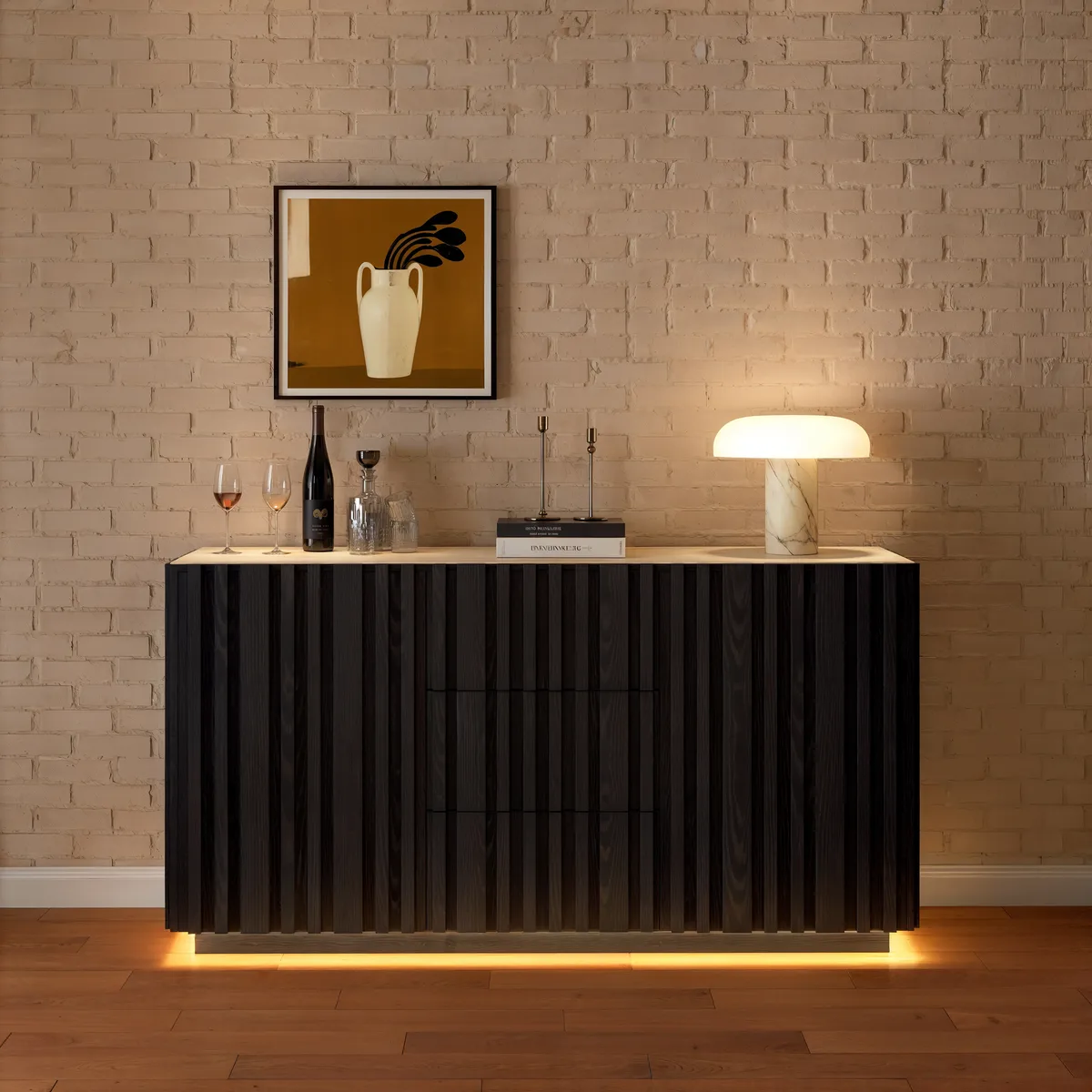 Aura 60" Faux Travertine Top Buffet Sideboard with Ash Wood Slatted Panels & Light — image 4