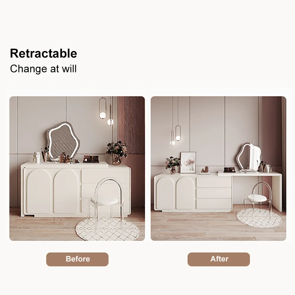 Modern White Makeup Vanity Retractable Dressing Table with Doors & Drawers Beauty Station for Bedroom — image 7