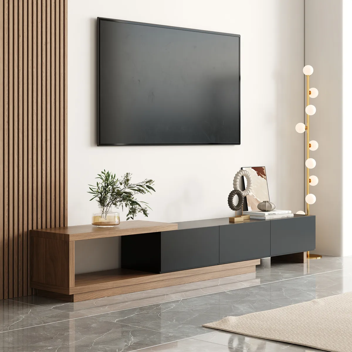 Quoint 100.4" Modern TV Stand Retracted & Extendable 3-Drawer Light Media Console — image 15