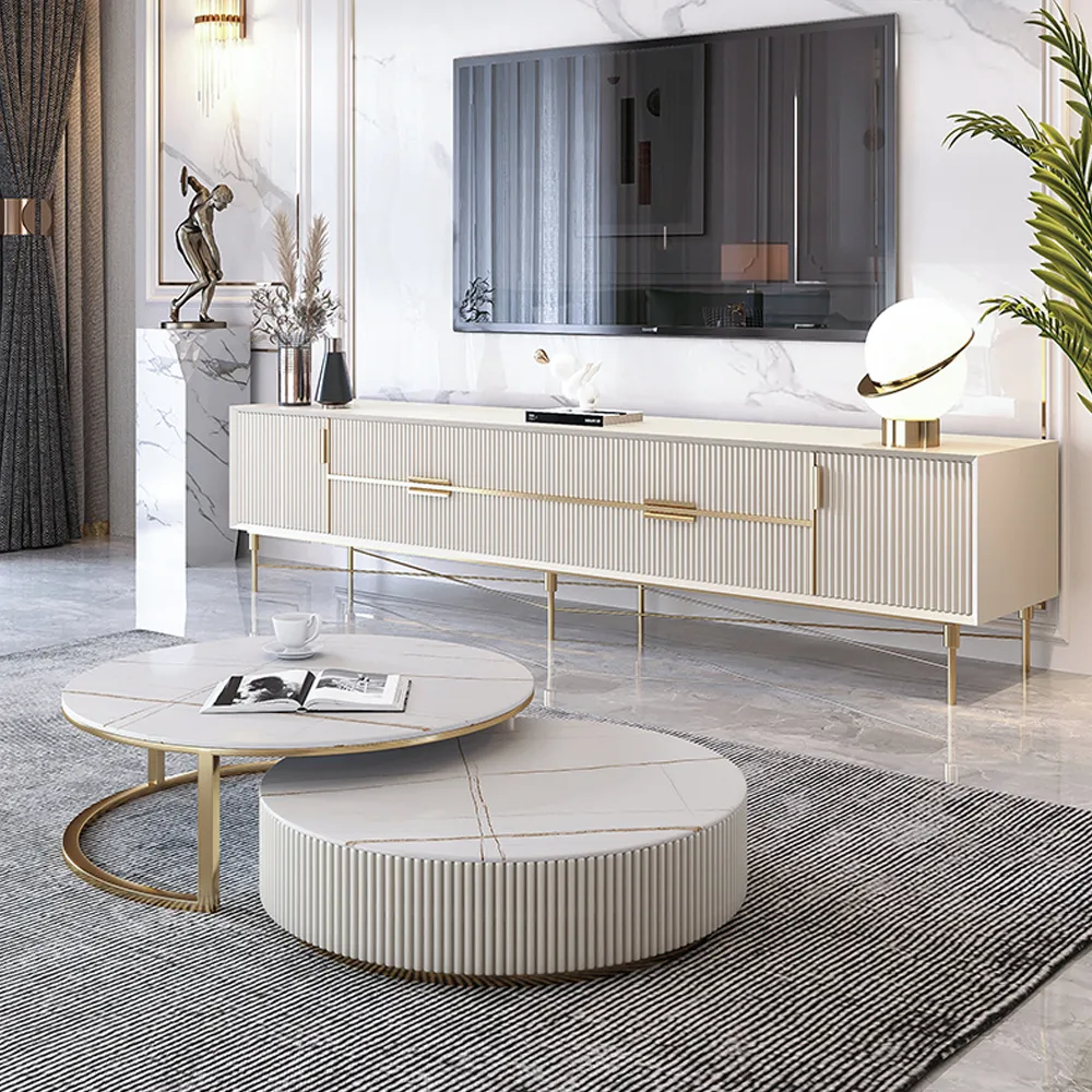 Round 2-Piece Nesting Set Sintered Stone Top Beige Coffee Table with Drawer 78.7" Modern White Boucle Upholstered Fluted 3-Seater Sofa — image 25