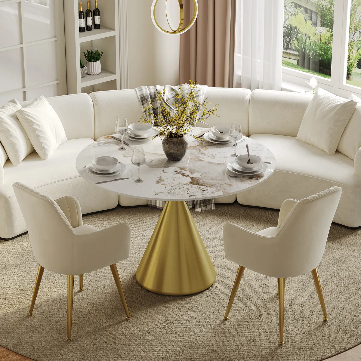 39" Pandora Faux Marble Round Dining Table with Glossy Gold Base for 4 People — image 6