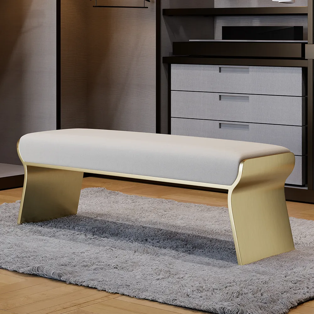 Beige Modern Stainless Steel Bench Leath-Aire Upholstered Bedroom — image 3